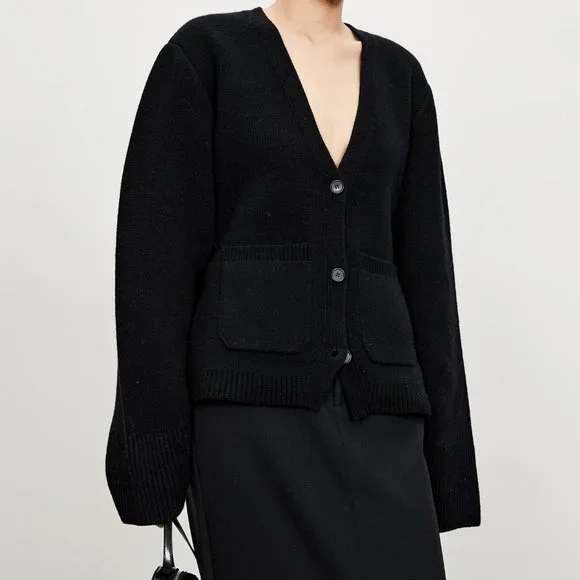 CHICJOC Scarlet Style Cashmere Cardigan Deep V-neck black size 38 - Picture 4 of 15